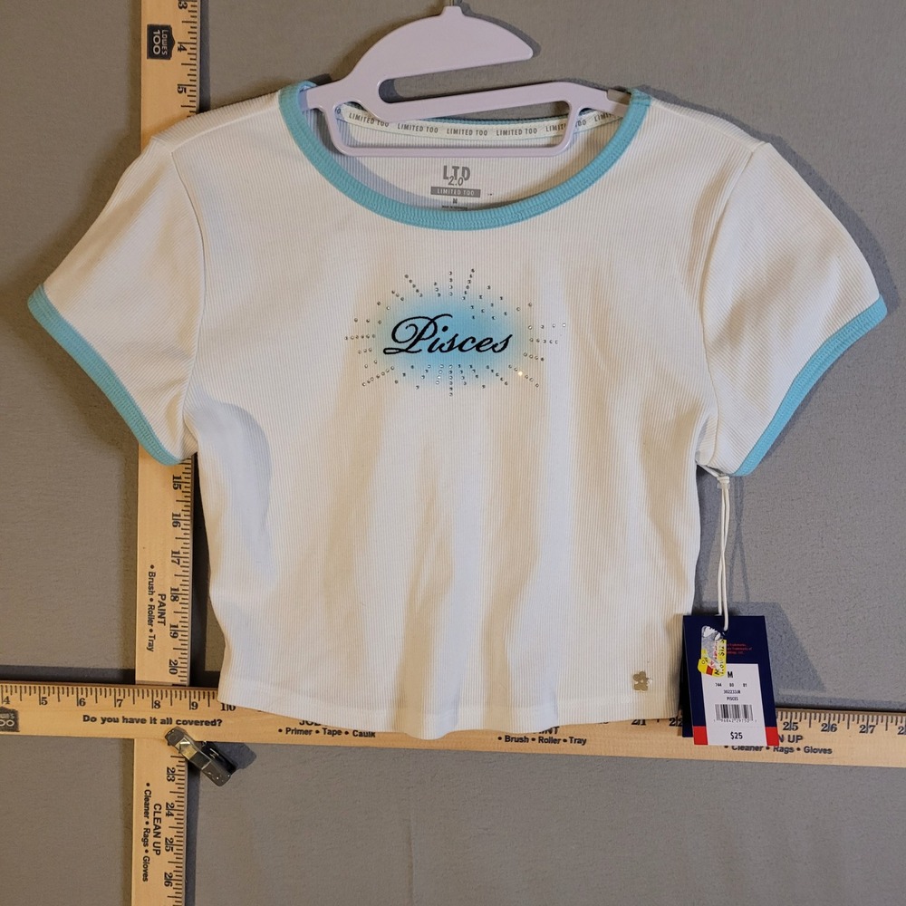 Limited Too‎ LTD 2.0 Pisces Zodiac Rhinestone Ringer Crop Top White Blue Medium